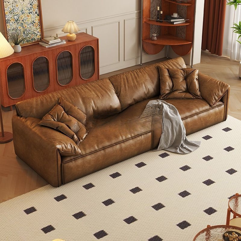 复古风大象耳朵皮沙发皮艺沙发客厅小户型直排复古云朵油蜡皮奢华