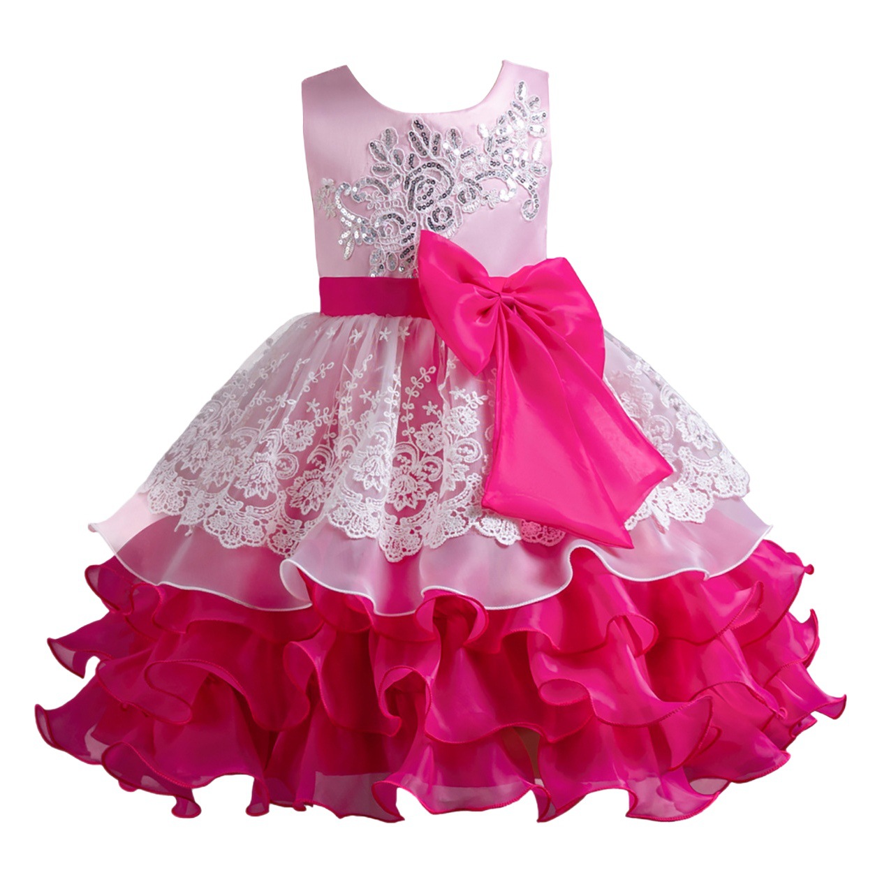 Vestido de las niñas arco flor niña vestido de novia vestido de noche fiesta de cumpleaños mullido vestido espectáculo traje