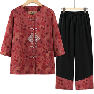 中老年人夏装中袖衬衫女妈妈7080岁外婆套装奶奶衣服老太太两件套