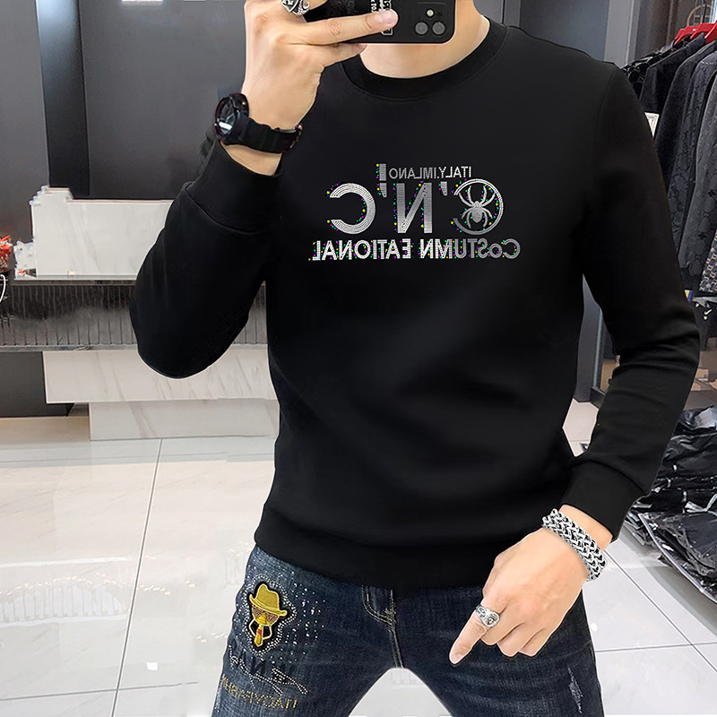 Nuova felpa calda autunnale e invernale con lettere di strass, scollo rotondo, maglietta di base a maniche lunghe, top da uomo, marchio alla moda_voghion.com