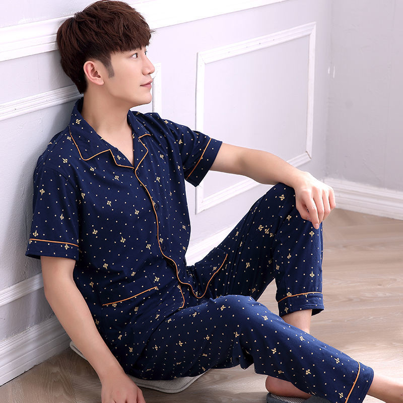 Pijama de algodón 100% de primavera y verano de los hombres pantalones de manga corta cardigan Delgado de los hombres de primavera y otoño de manga corta ropa para el hogar