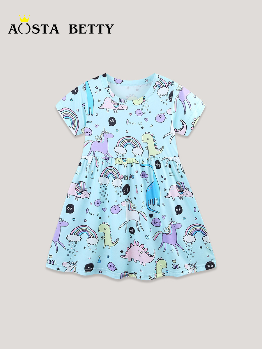 Vestido de niña de estilo europeo y americano 26 verano nuevo vestido de princesa de cuello redondo impresión de dibujos animados vestido infantil de mangas cortas un cabello image 3