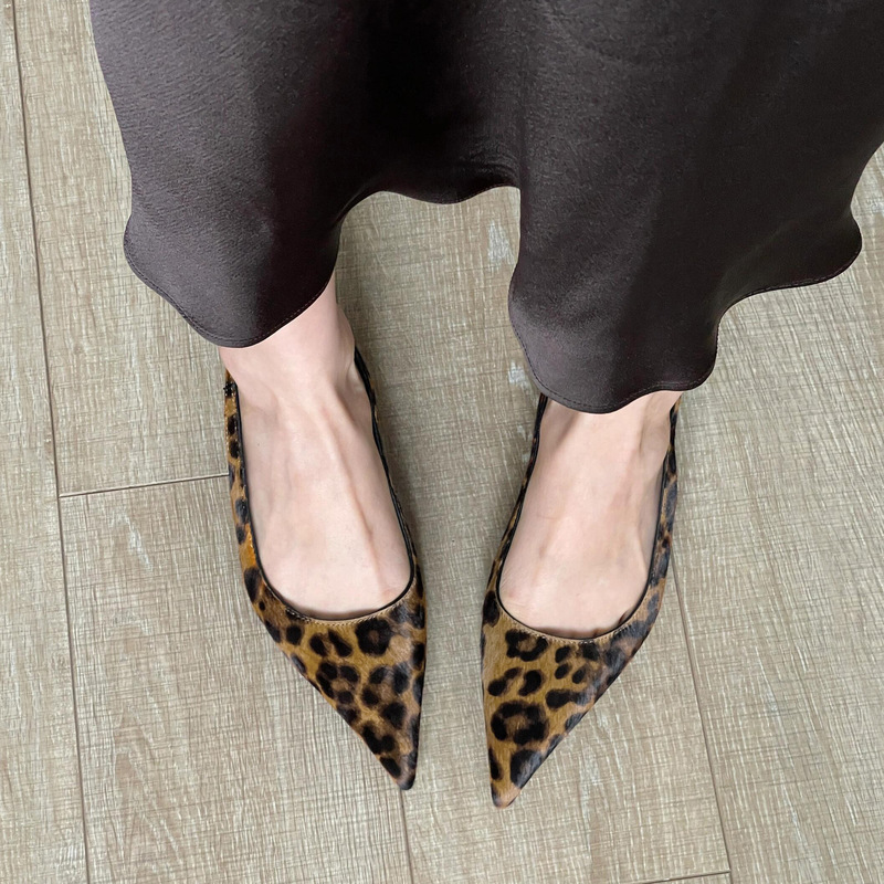 Cowhide Version ~ Western Style Leather Leopard Print Shoes with Toe High Heel Sandals Women's Pointed High Heels French Small Sandals Sandals