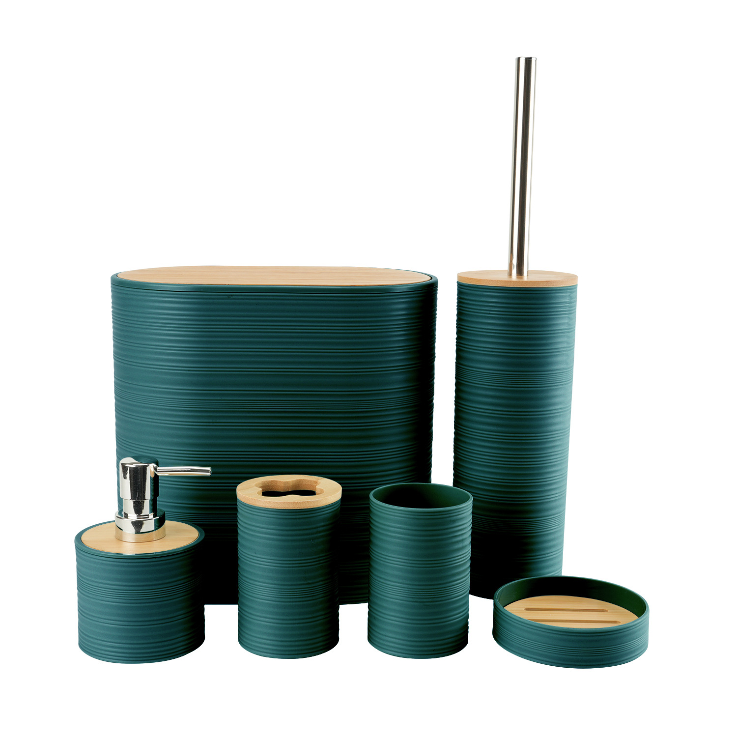 Tapa de bambú de patrón horizontal, baño, lavado de plástico, fabricante de seis piezas, almacenamiento de baño al por mayor, estante para enjuague, funda para cepillo de dientes