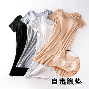 Modal Padded Short-Sleeved Nightgown for Women All-In-One Bra-Free Large Size Thin Half-Sleeved Home Clothes Mid-Length Summer