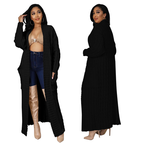 2025 New Autumn/Winter Amazon European and American Women's Fashion Pockets Cardigan Casual Long-Sleeve Sweater Long Plain Color Outerwear