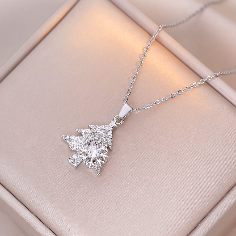 Titanium steel necklace for women rotatable snowflake Christmas tree micro inlaid with diamonds fashionable Christmas hot selling clavicle necklace_voghion.com