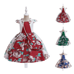2024外貿新款公主裙小飛袖女童禮服裙蝴蝶結印花拼接連衣裙帶包包