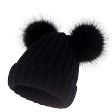 工厂跨境秋冬新款帽子欧美保暖针织帽女士双毛球帽子毛线帽仿狐狸
