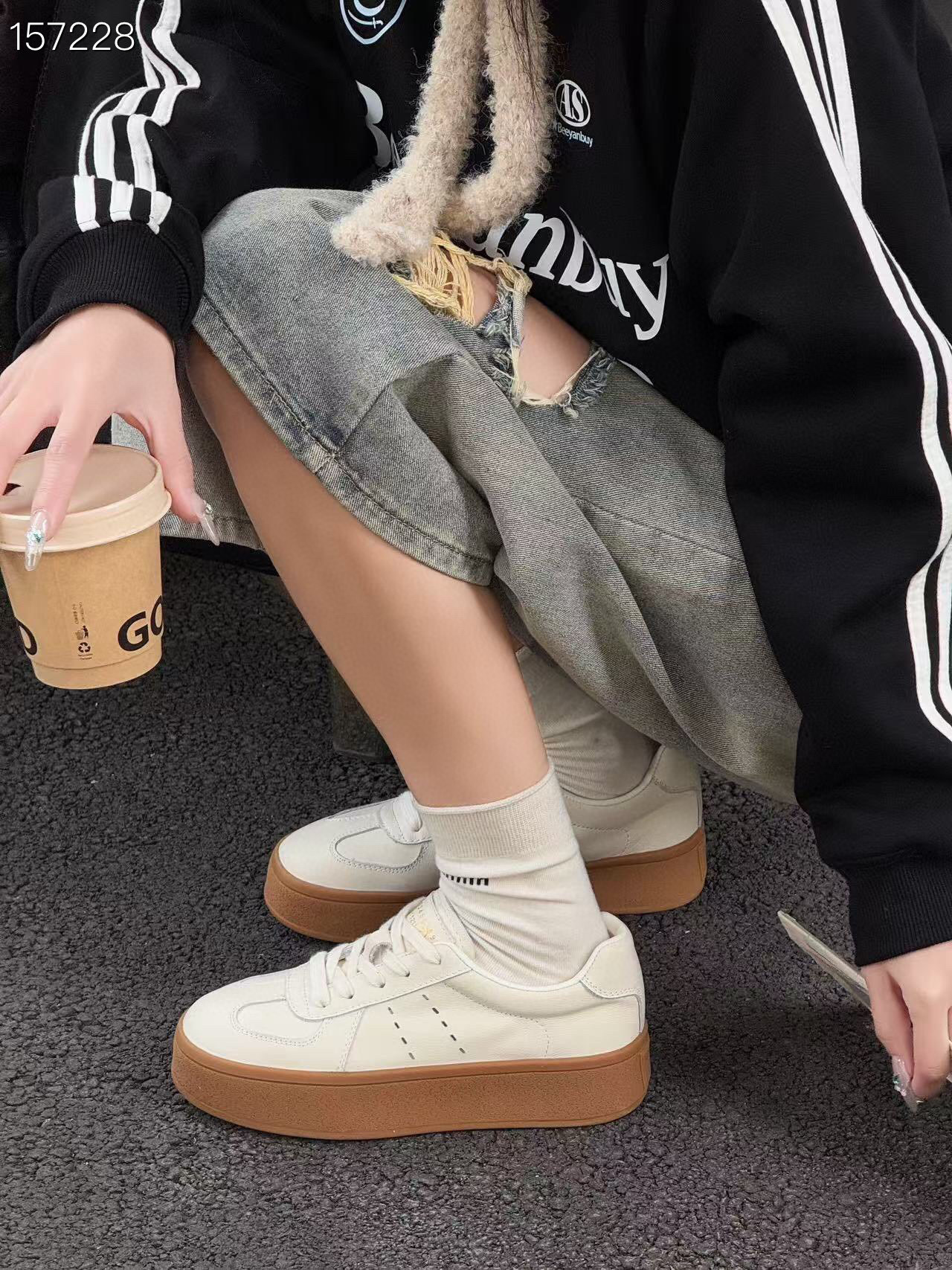Giày sneaker nữ đế dày da thật mới mùa xuân 2025 tăng chiều cao đế mềm chống trượt — Trắng/nền mơ, Màu trắng chi tiết 4