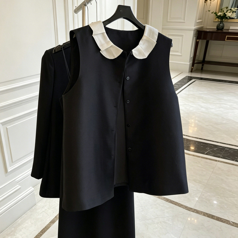 Cute Retro Doll Collar Style Black Silk Wool Sleeveless Vest Top