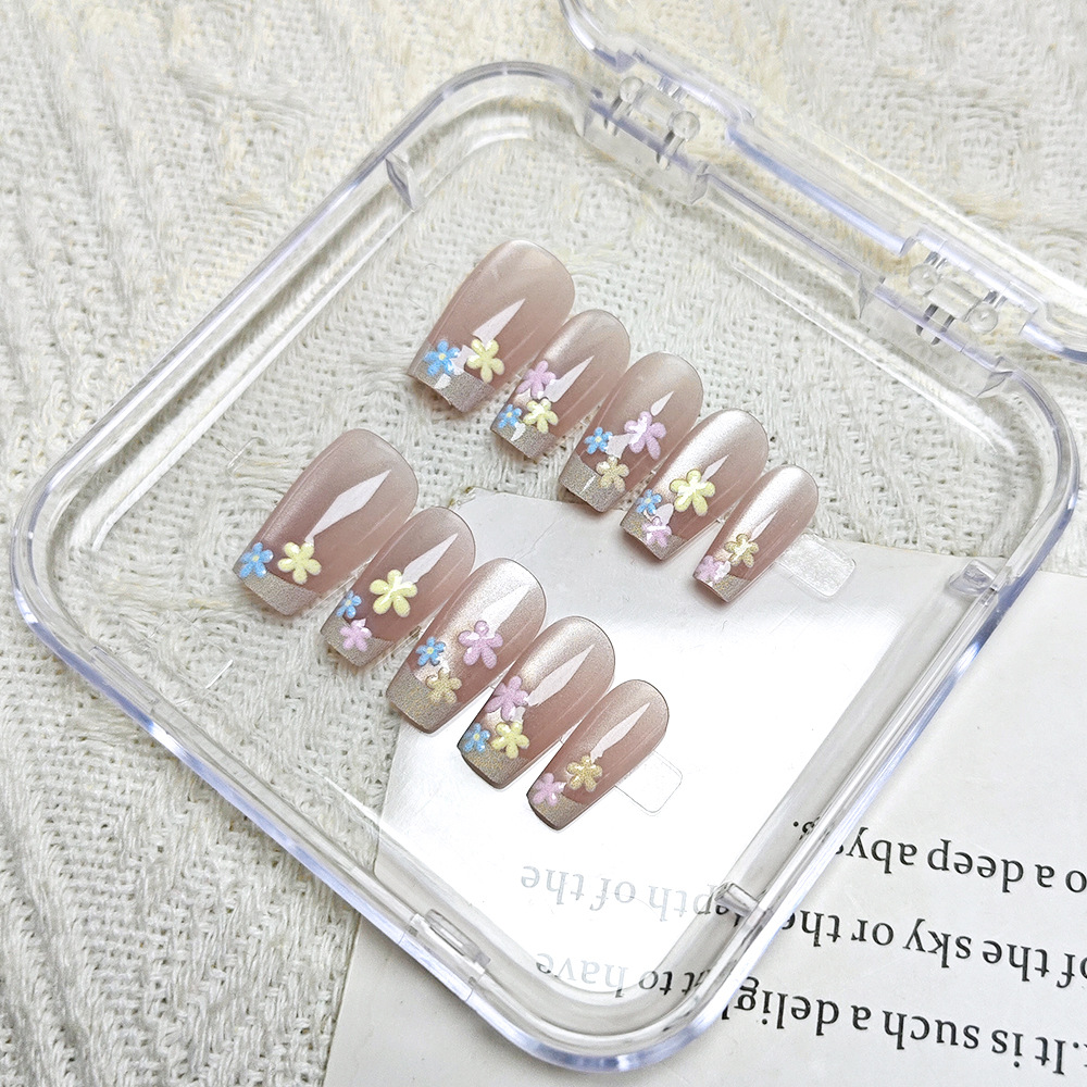 Esmalte de uñas en relieve tridimensional en 3D, flores de tres colores, uñas de vestir de ojo de gato hechas a mano, 10 piezas, manicura francesa de moda dividida image 5