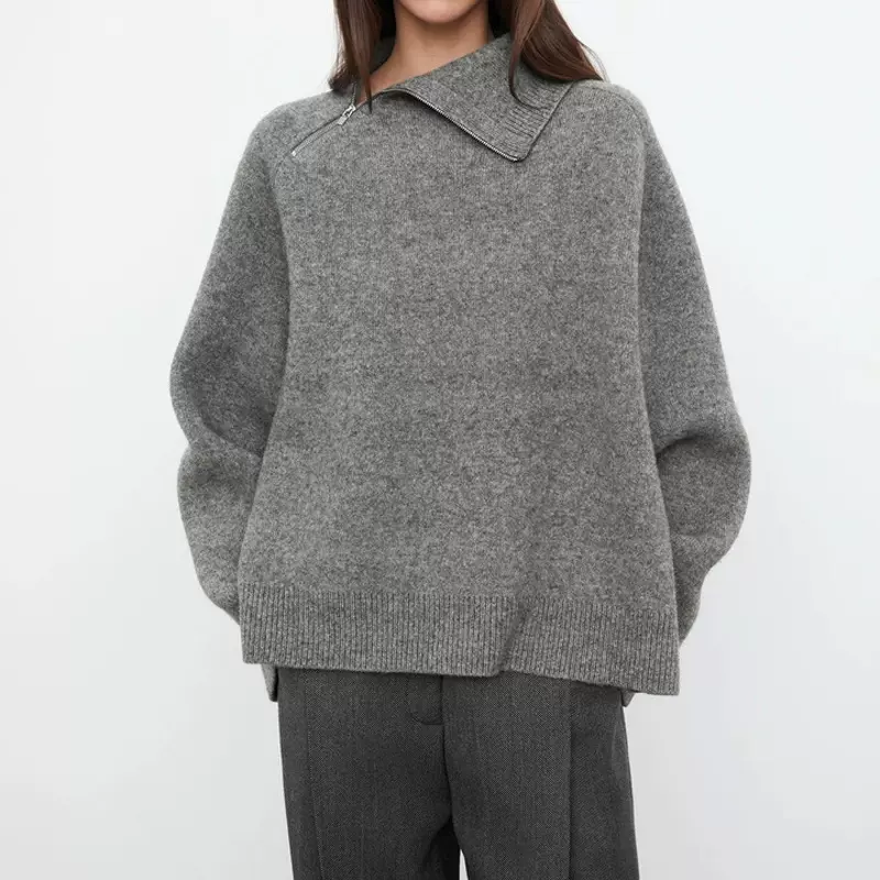北欧tot简约款宽松半拉链高领长袖羊毛针织衫休闲毛衣上衣秋冬女