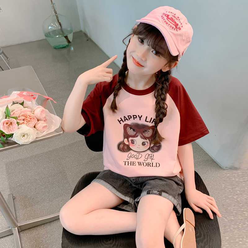 [Qiaonika] Girls Pure Cotton T-Shirt Short-Sleeved Raglan Top New Cute Cartoon Print Round Neck Girl Trendy