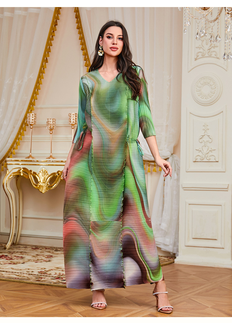 Middle Eastern Muslim Women's Clothing Foreign Trade: Saudi Arabia Dubai Printed Long Robe Abaya With Waist-Cinching_ecoleips.com