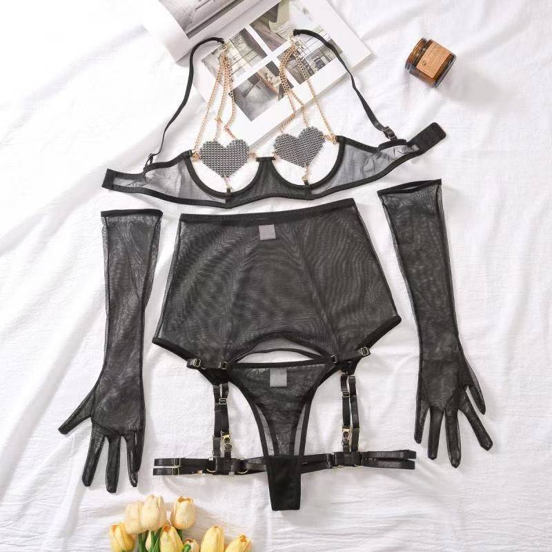 Women’s Black Mesh Lingerie Set with Gloves, See-Through Hollow Design, One Size — detail image 4