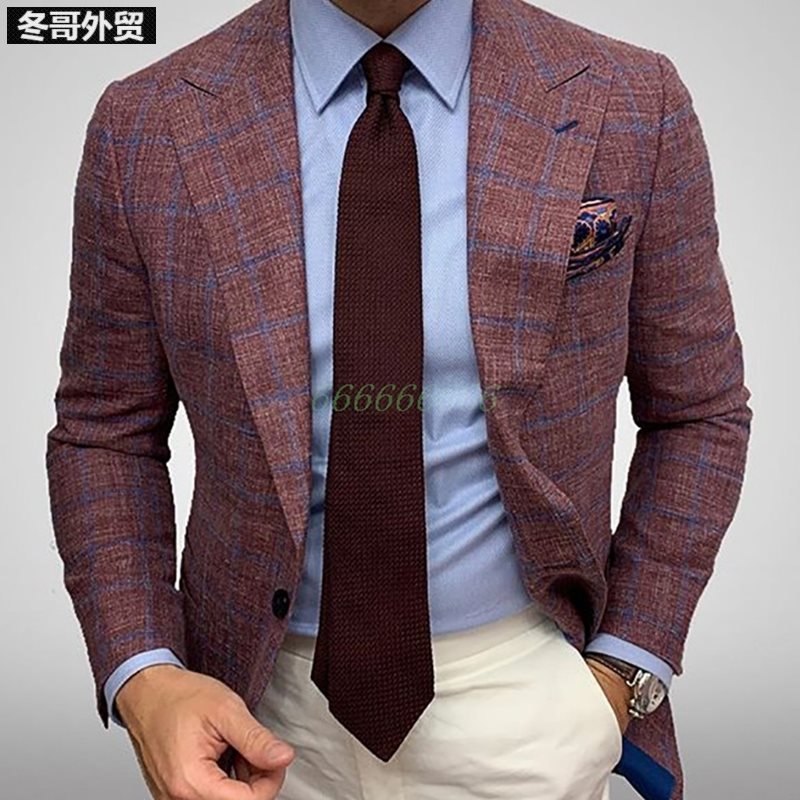 Men Plaid Lapel Long Sleeve Blazer Busin...