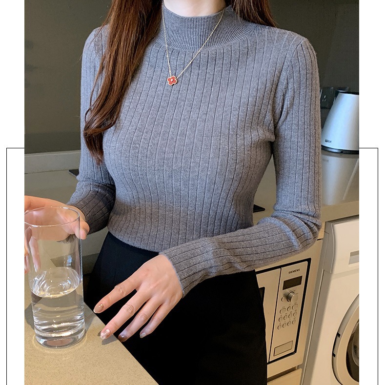 女性用ハーフタートルネックボトリングシャツ、薄手2025春秋新スタイルショートセーター長袖セータートップ