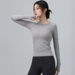 シームレス一体ヨガの丸首の修身はやせている運動の長袖の2024秋冬の上着のtシャツを見せます。