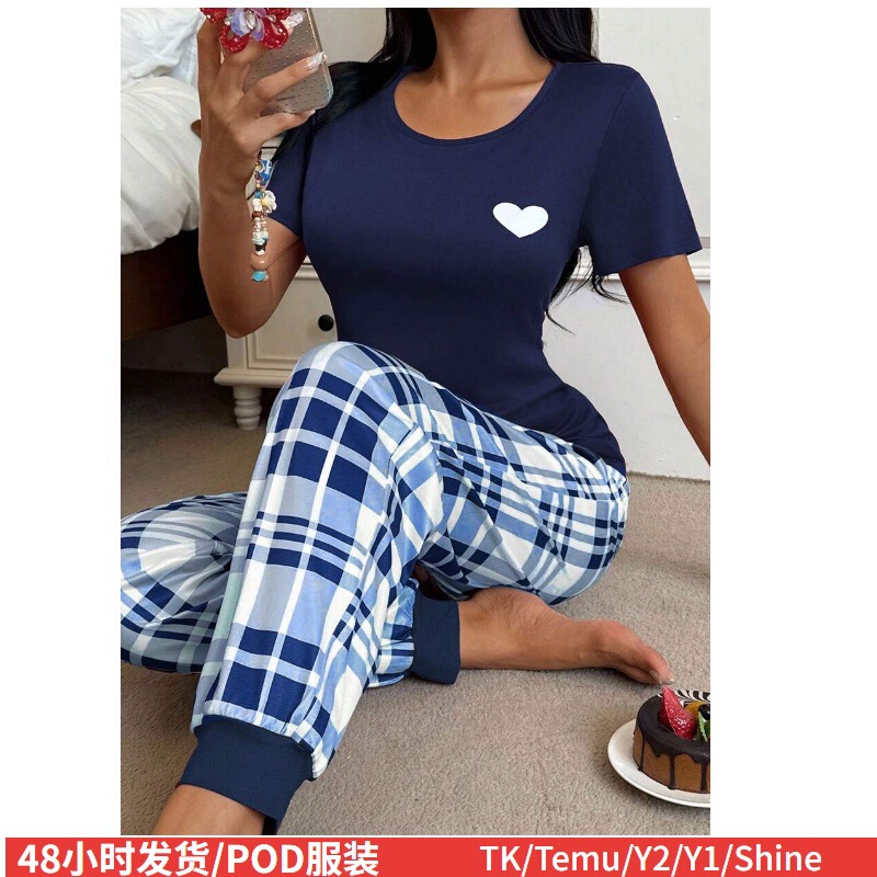2026 Cross-Border Shein European and American Plus-Size Women's Clothing Heart Print Short-Sleeve Pajamas Loungewear Long Pants Set 2026 Cross-Border Shein European and American Plus-Size Women's Clothing Heart Print Short-Sleeve Pajamas Loungewear Long Pants Set