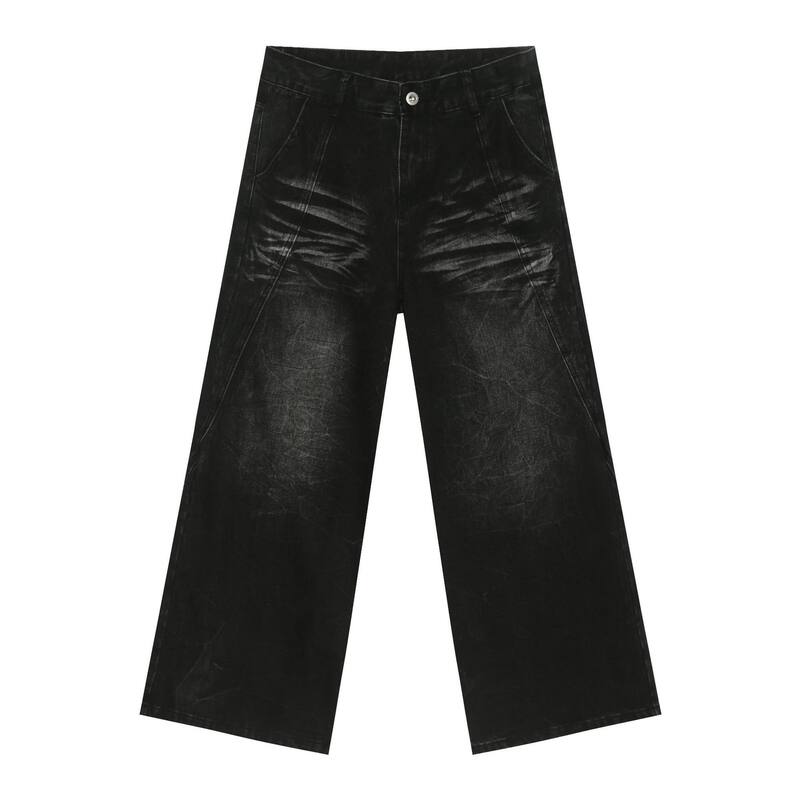 Quần jean nam ống đứng rộng rãi phối mảng giải cấu trúc, denim giặt nước — Đen xám