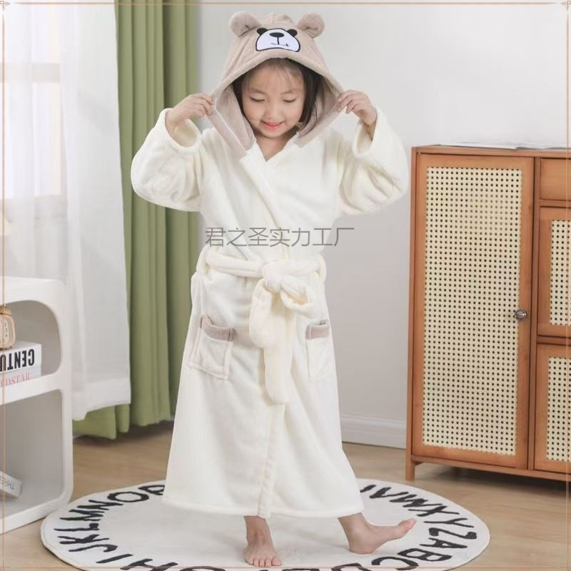 산호 양털 곰 자수 어린이를위한 귀여운 두꺼운 흡수성 머리없는 목욕 가운