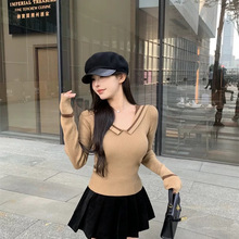 甜辣妹性感纯欲风小众撞色海军领长袖秋冬季修身显瘦T恤上衣ins女