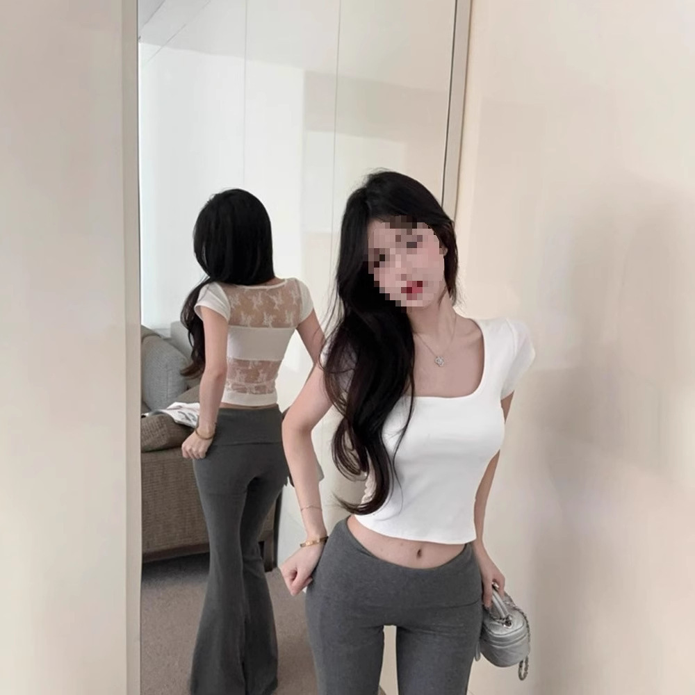 韩版小众纯欲方领短袖T恤女夏季性感蕾丝拼接修身百搭显瘦上衣女