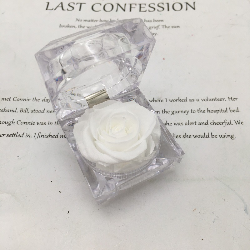 Caja de anillo acrílico transparente de rosa eterna confesión de flores verdaderas Qixiao regalo de día de San Valentín caja de regalo de anillo de vida eterna