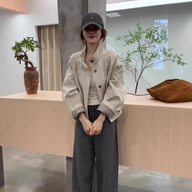 Korean Style Stand Collar Jacket for Women 2025 Autumn New Loose Slimming Petite Fashion Casual Versatile Jacket Top