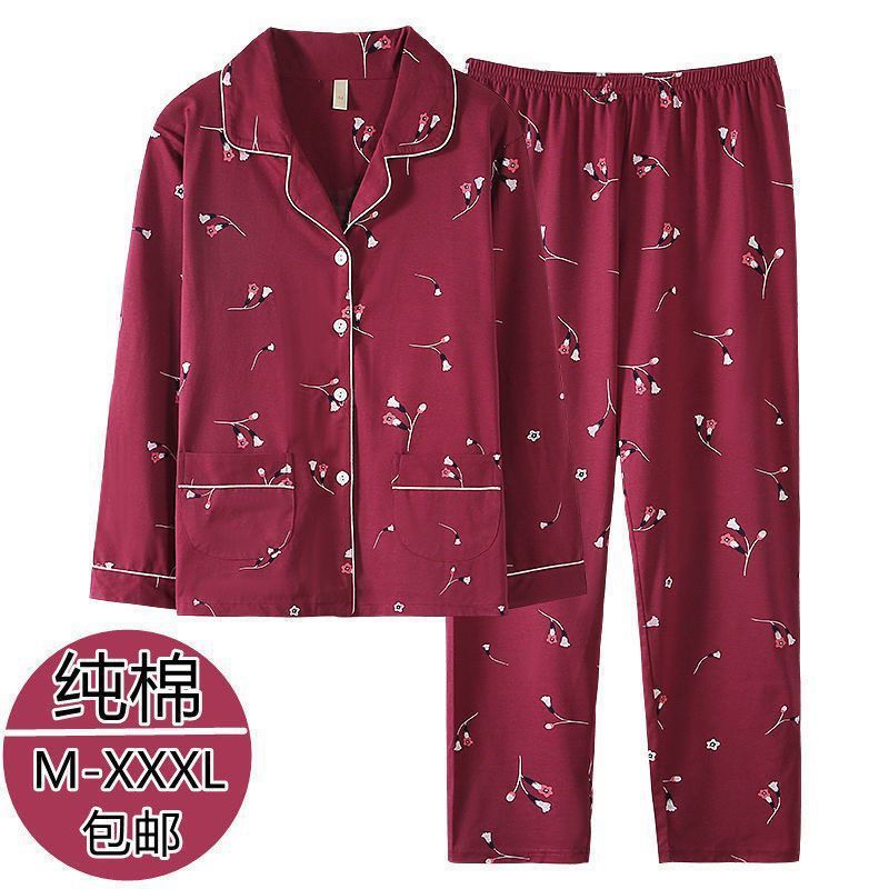 Pijama de algodón 100% de primavera y otoño de las mujeres de manga larga de mediana edad mamá cardigan más tamaño de mediana edad y ancianos traje de desgaste para el hogar