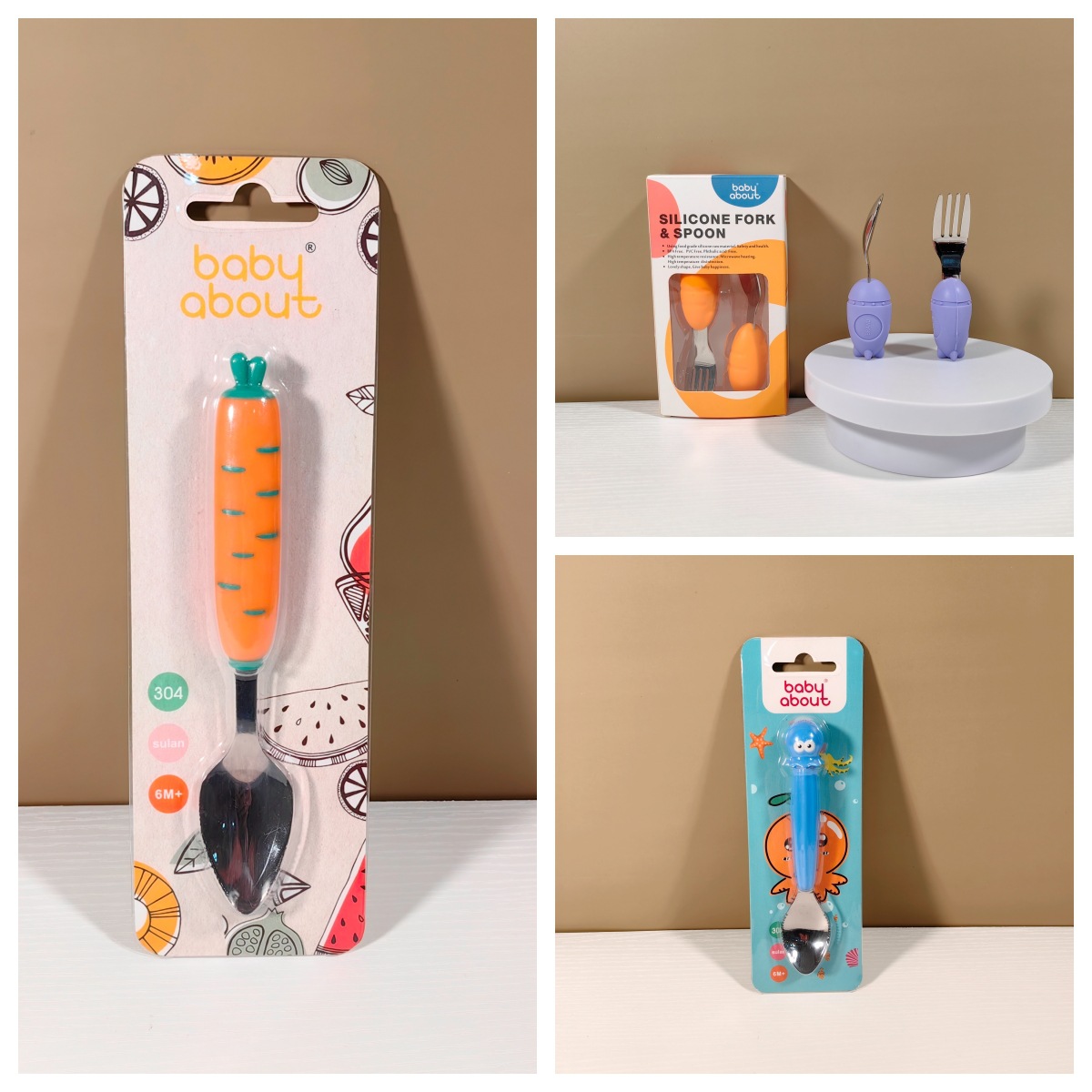 Baby Learning to Eat Training Spoon Short Handle 304/316 Stainless Steel Silicone Fork Spoon Set Children's Food Supplemented