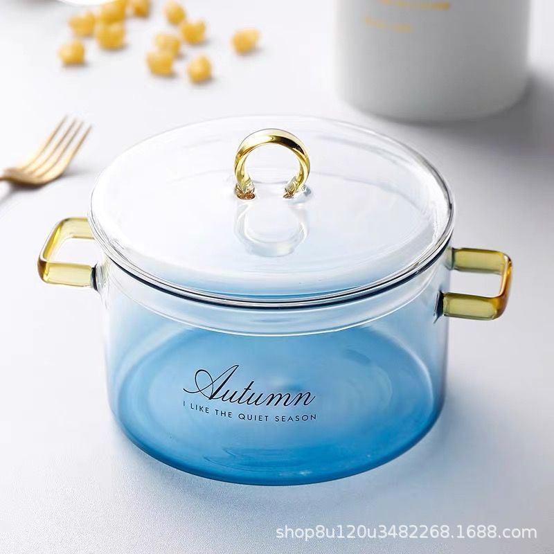 Estilo japonés gradiente nube mar instantáneo fideos cuenco nórdico doble-oreja vidrio con tapa hogar transparente ensalada de frutas