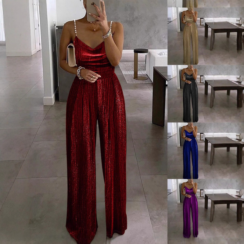 European and American Cross-border 2024 Spring and Summer New Women's Wish Wide Leg Pants Tight Waist Dress Elegant Strap Beaded Pants