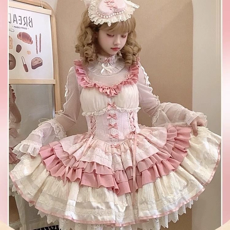 Lolita-платье (жен.) бархат с бантом, фуксия, многослойная оборка, S–L