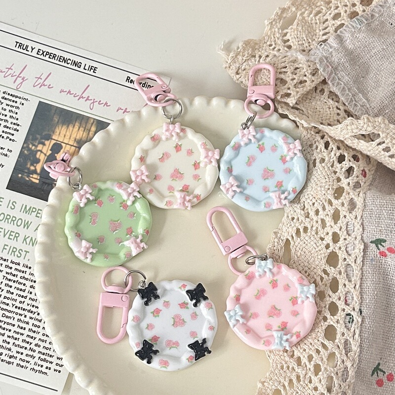 Pink L32 Round Flower Bow Plate Keychain Cute Macaron Girl Bag Pendant Best Friend Gift