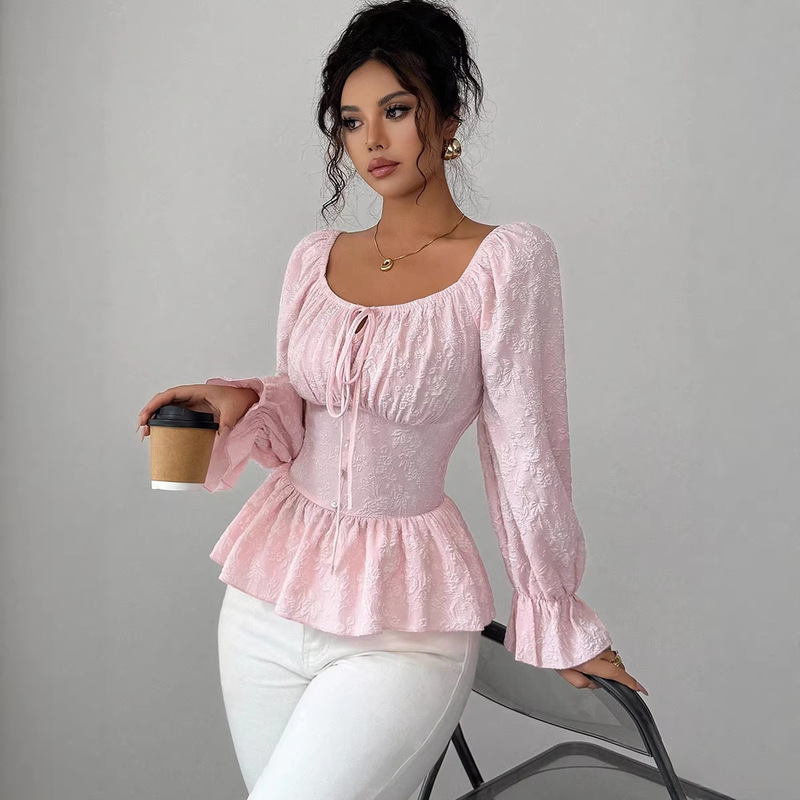 Ruiqiu Cross-Border Amazon Foreign Trade French-Style Design Shirt 2026 Autumn New U-Neck Tie Long-Sleeve Top