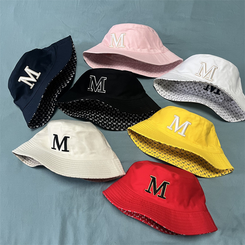 Embroidered letter M, double-sided fisherman's hat, summer sun protection, sunshade, bucket hat, fashionable, versatile, casual, unisex hat