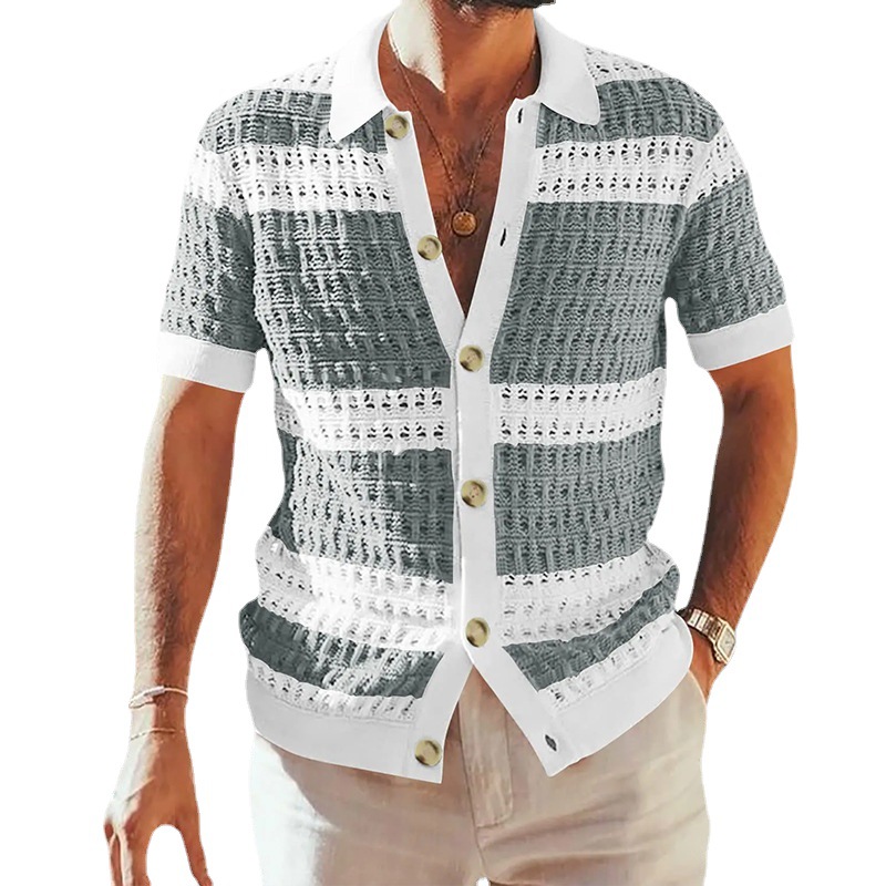 2025 Summer New Knit Shirt With Turn-down Collar, Short Sleeves, Color Block Design, Hollow Out Cardigan, Cross-border_voghion.com