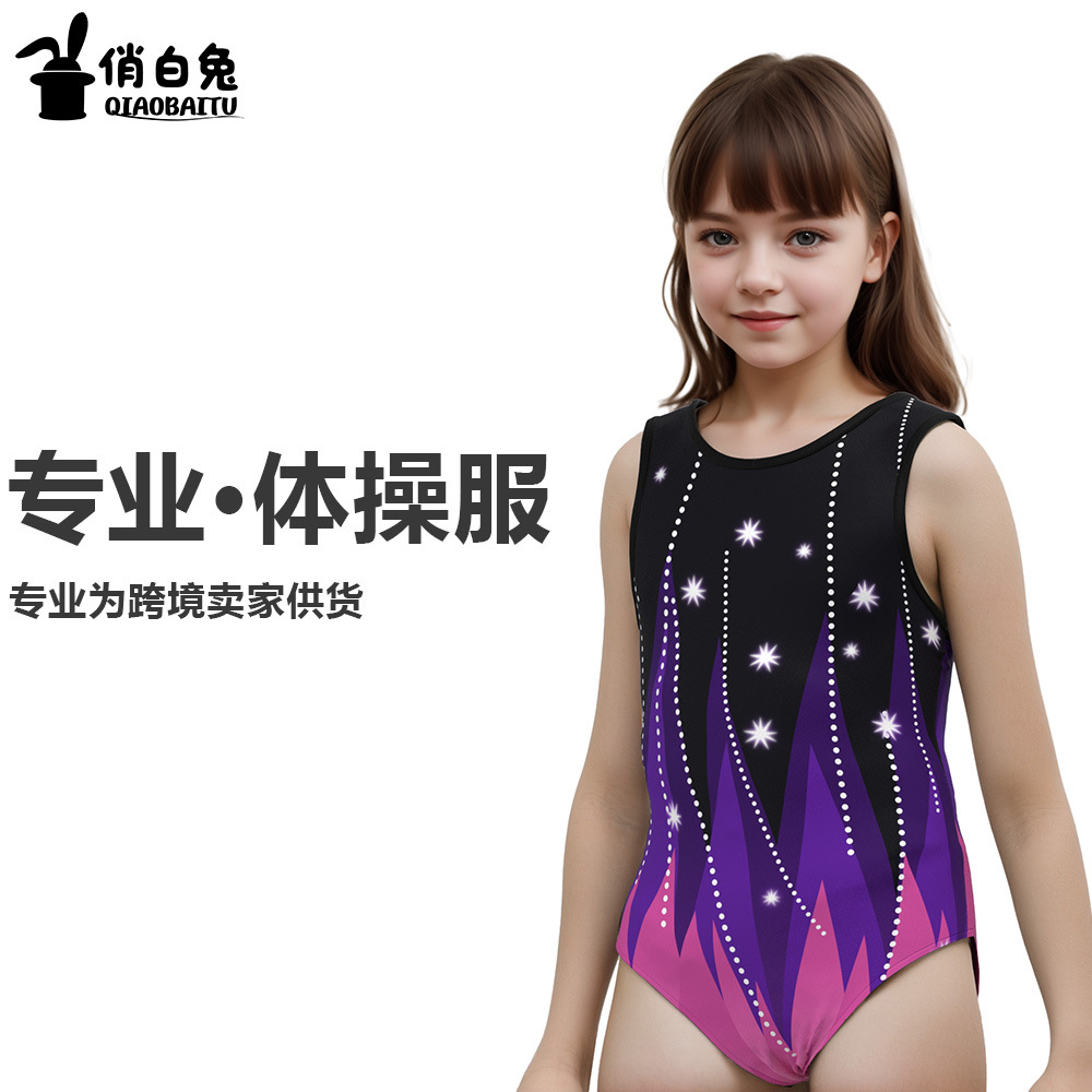 Cross-Border Kidsren's Gymnastics Clothing, New Quick-Drying Printed High-Elastic Sports Competition Training Clothing, Imitation Diamond European and American Jumpsuits