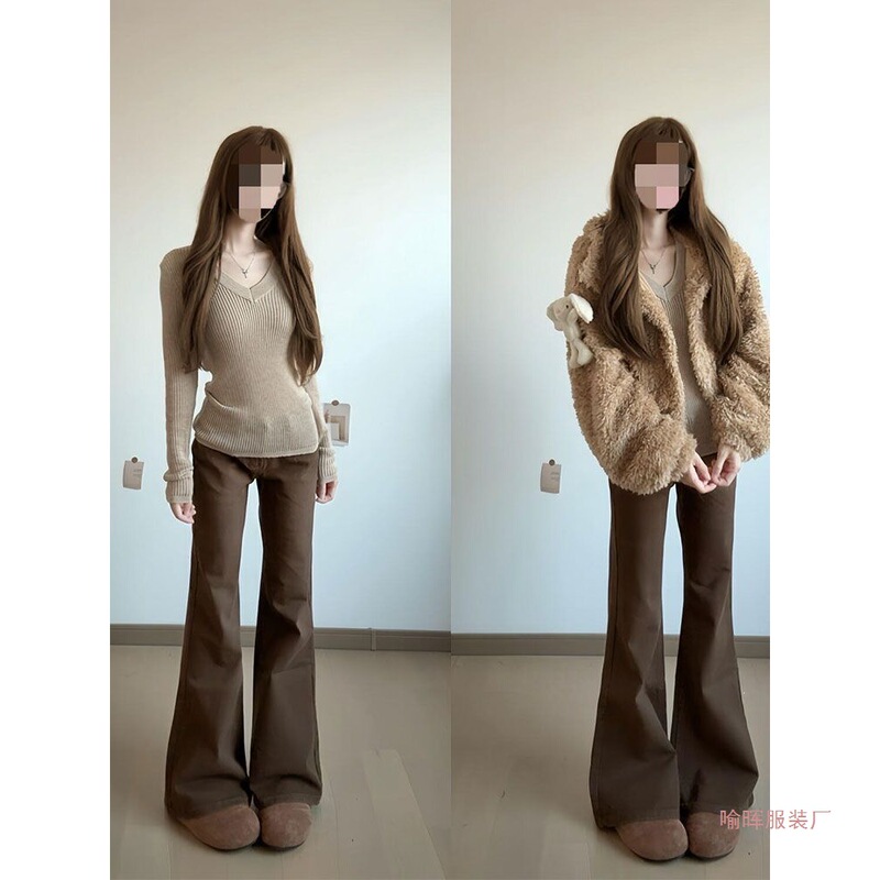 Melard Coffee-Colored Flared Jeans for Women, Low-Waisted, Loose Fit, Not Tight on the Legs, Slimming, Casual Drapey Bell-Bottom Pants