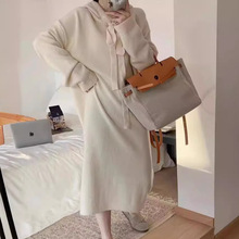 2024春季新款韩系温柔风连帽中长款针织裙宽松显瘦休闲毛衣连衣裙