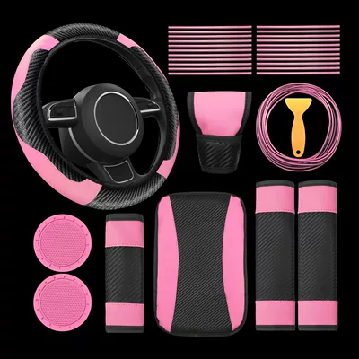 Steering wheel cover cover carbon fiber leather stall - pink-38cm
