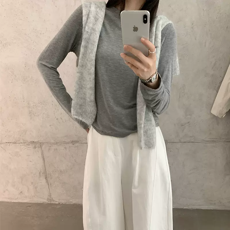 LOVELY家南城爆品秋上新韩系简约休闲百搭弹力面膜长袖T恤女Z6550