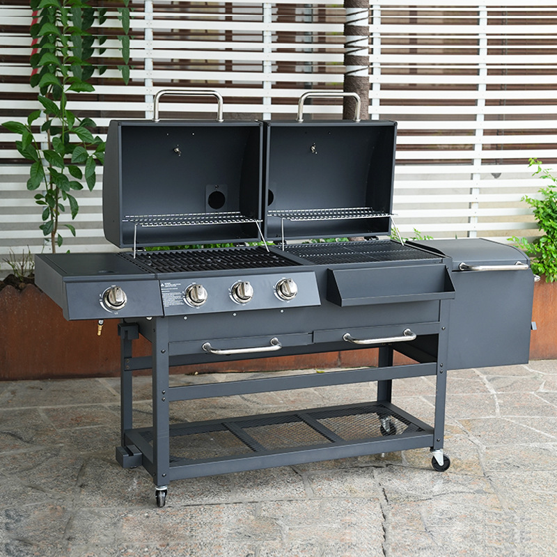 Parrilla de Carbón y Gas de Doble Uso Estilo Americano, Parrilla Ahumadora Comercial para Patio o Villa, Parrilla Grande, Parrilla de Carbón