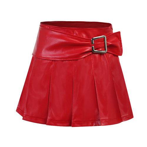 Red pu leather Pleated Mini Skirts half-length skirt of High Waist Pleated Skirts  jazz punk rock pole dance pleated skirt