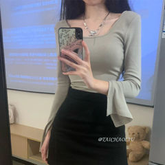 Pure desire style square collar long sleeve slit T-shirt for women in autumn and winter short inner slim base shirt chic sexy top