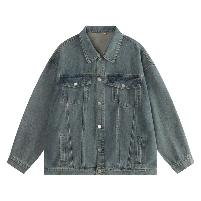 Men's Clothing Hong Kong style retro washed distressed denim jacket men's trendy basic style casual blue couple jacket_voghion.com