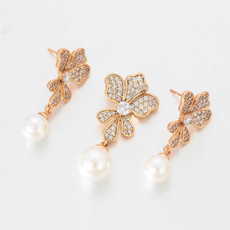 Xuping nicho retro aretes colgante conjunto de joyería aleación de cobre imitación de flores de perlas bordel joyería al por mayor mujeres