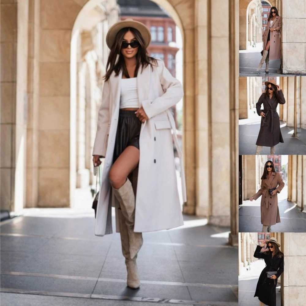 2023, независимая станция желаний Amazon, популярный стиль, осенне-зимний повседневный костюм с длинными рукавами, воротник, ремень, шерстяная куртка, женская одежда